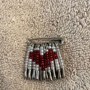 Beaded Safety Pin Brooch with Red Heart Valentines Day
